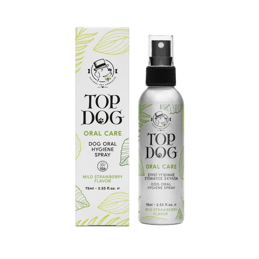 Top Dog Oral Care Hygiene Spray product packaging box next to its bottle.