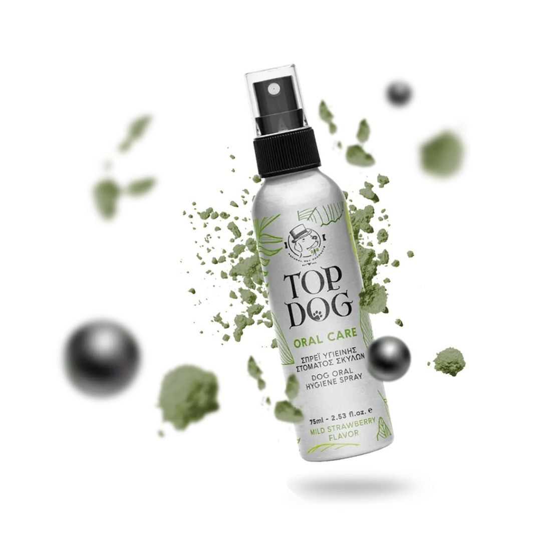 Top Dog Oral Care Hygiene Spray bottle surrounded by natural ingredient elements of Chlorophyll, Colloidal silver, Red Willow Bark Extract, Glycerinn and Sorbitol.