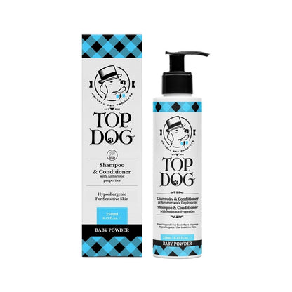 Top Dog Baby Powder pet shampoo product packaging box next to its bottle.