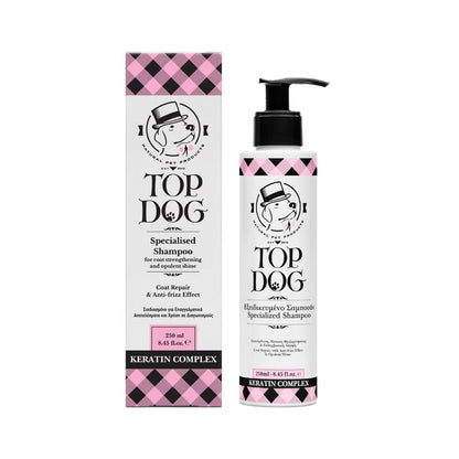 Top Dog Keratin Complex shampoo product packaging box next to its bottle.