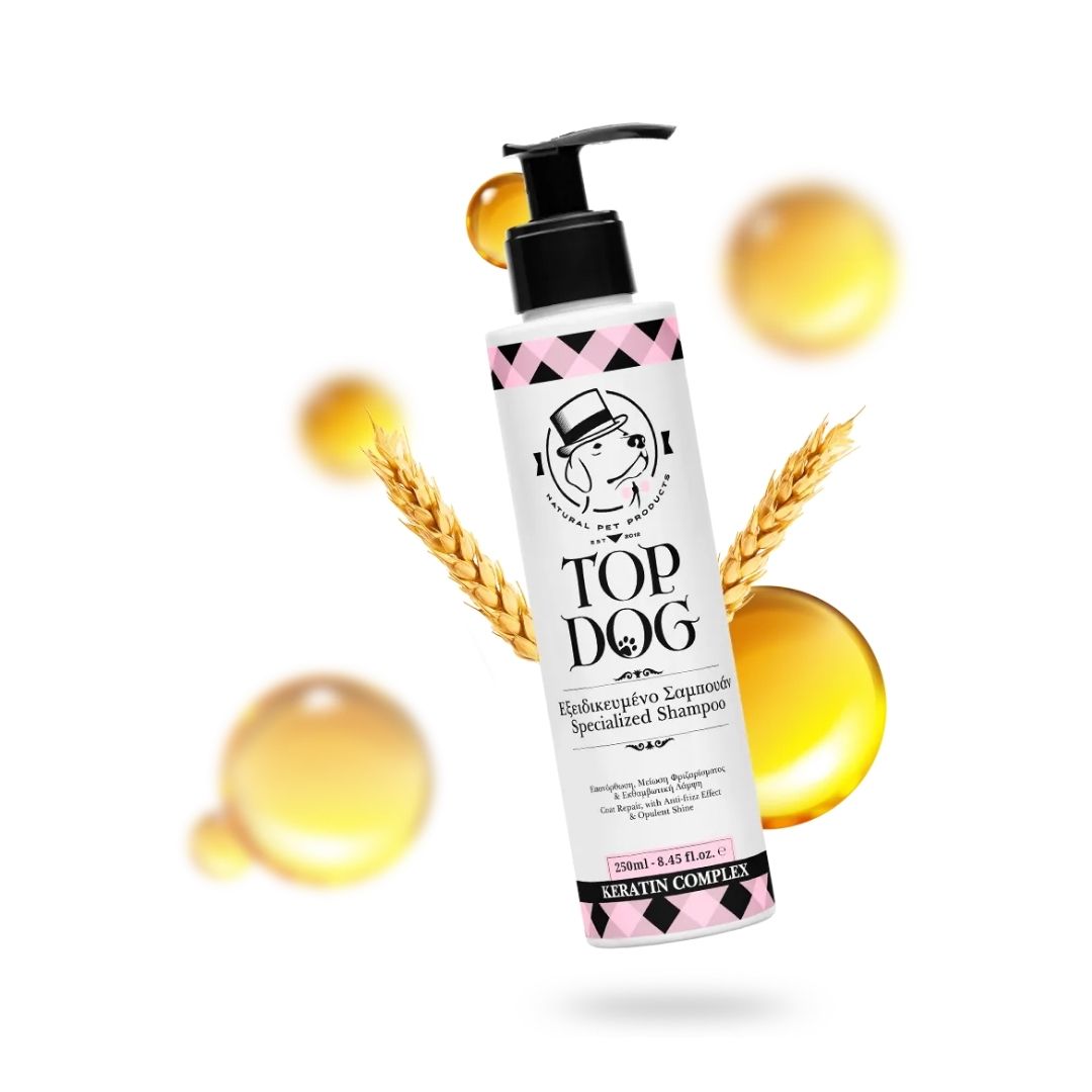 Top Dog Keratin Complex Pet Shampoo bottle surrounded by natural ingredient elements of Plant Keratin, Aloe Vera, Olive oil, Argan oil, and Vitamin E.