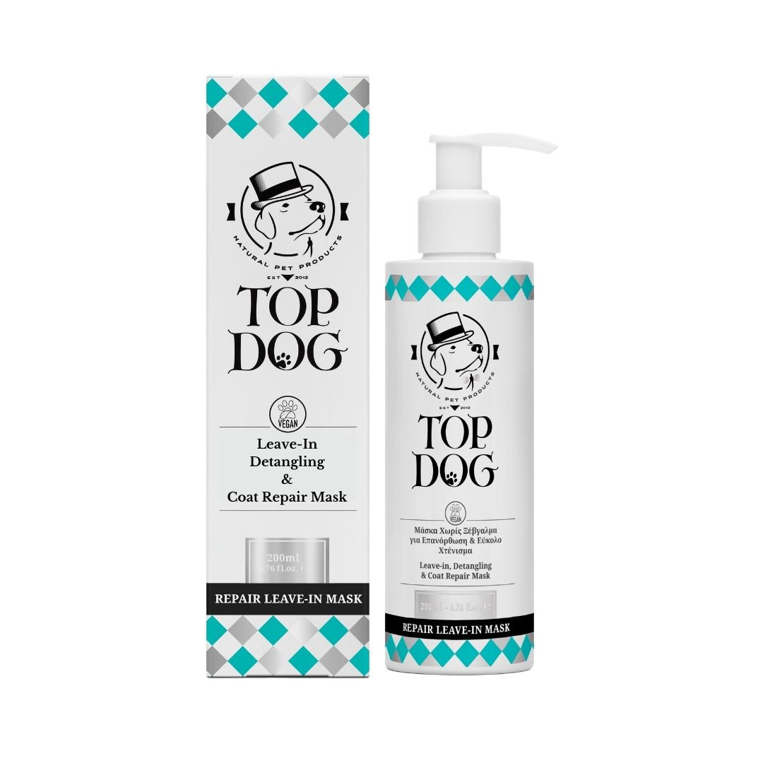 Top Dog Repair Leave-In_Mask Conditioner product packaging box next to its bottle.