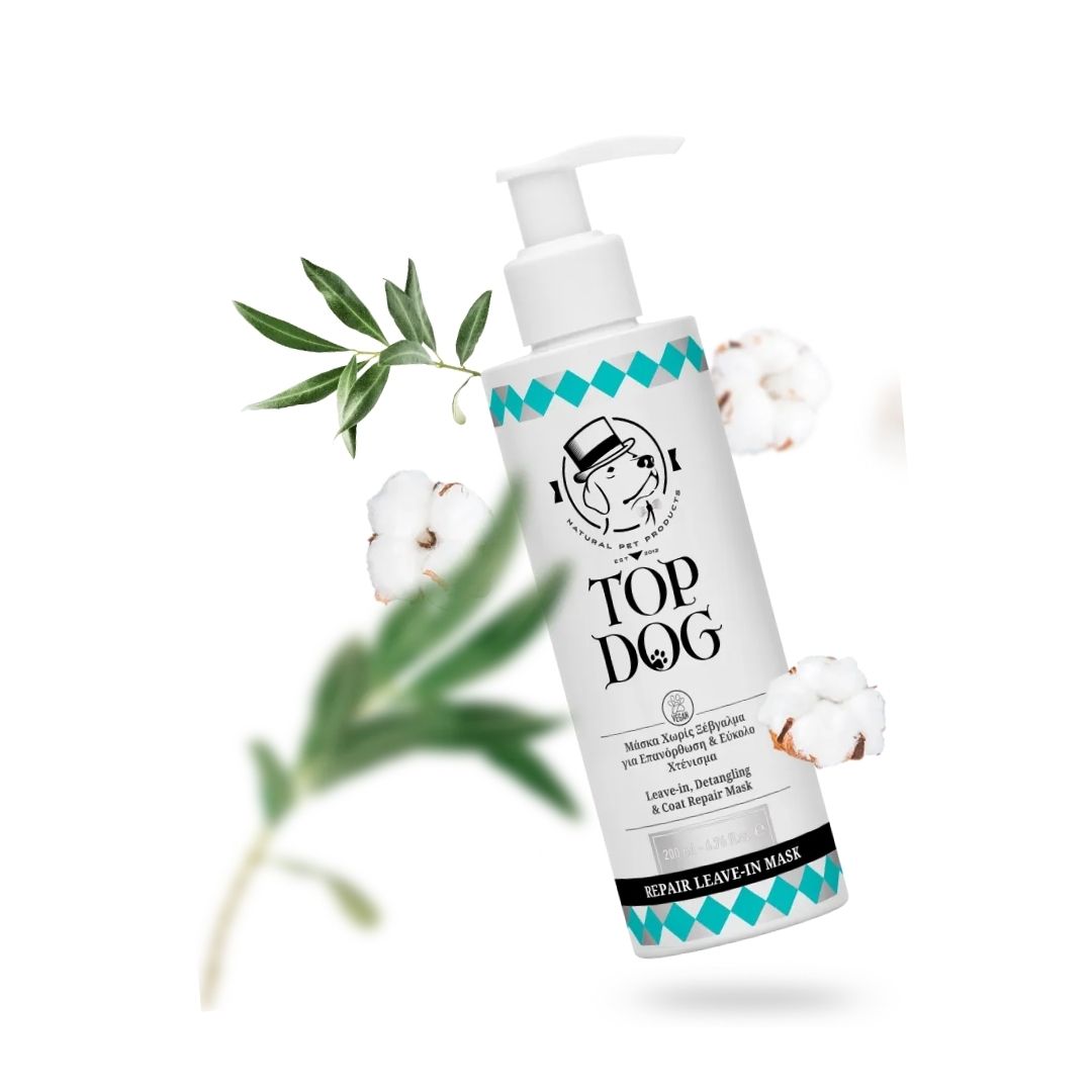 Top Dog Repair leave-in-mask bottle surrounded by natural ingredient elements of olive branches and white flowers.