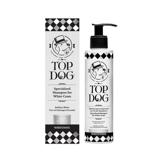 Top Dog Whitening pet shampoo product packaging box next to its bottle.