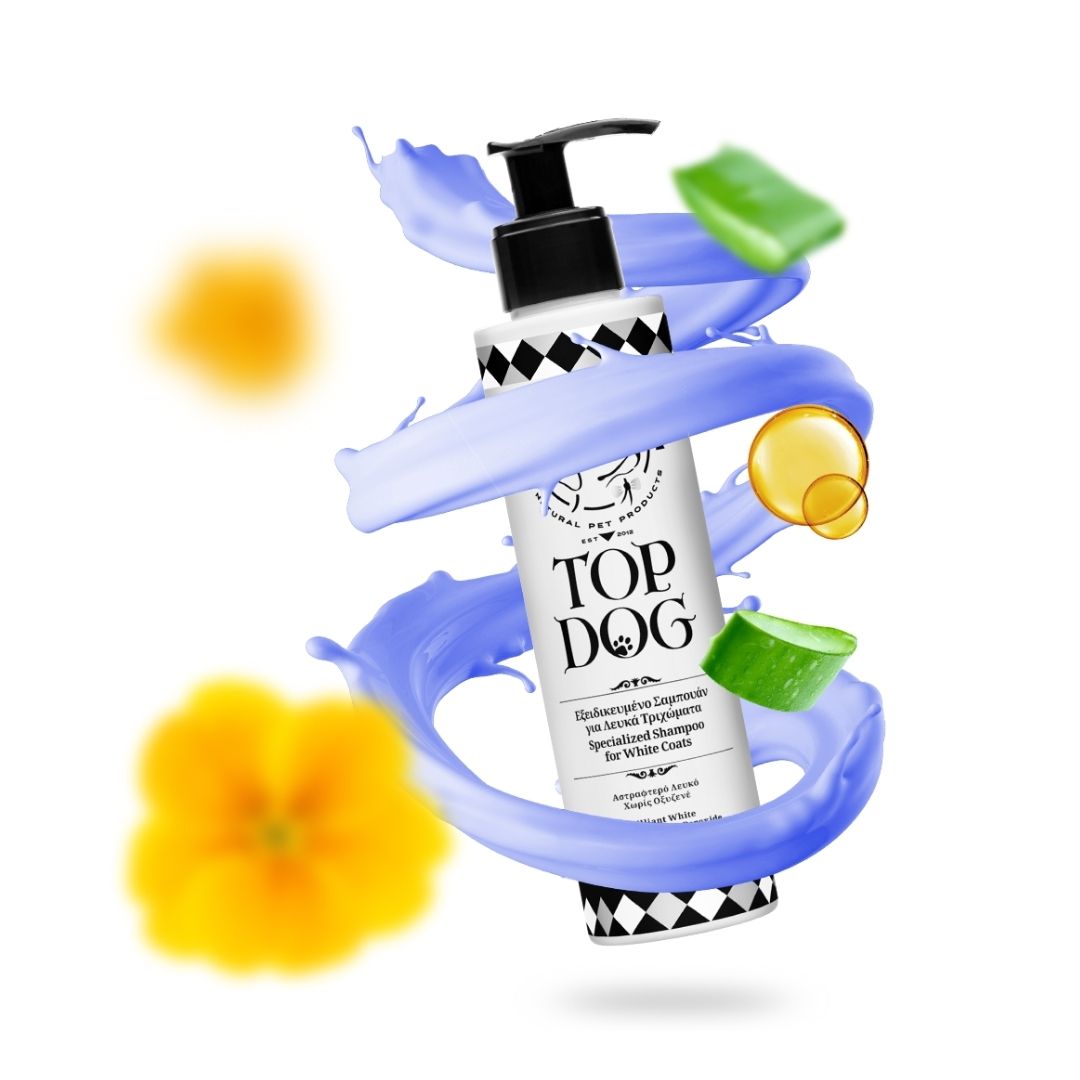 Top Dog Whitening Shampo bottle surrounded by natural ingredient elements of aloe vera, primrose flowers and indigo toner.